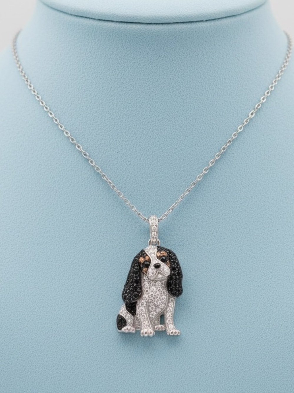 NWT Silver/Black King Cavalier Dog Sparkling Cubic Zirconia Pendant Necklace
